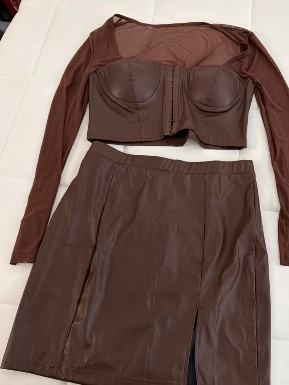 FASHION NOVA BROWN FAUX LEATHER Lil' Vixen Skirt and Corset Top Set Size Large